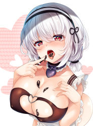 Rule 34 | 1girl, apron, azur lane, blush, breasts, chocolate, choker, cleavage, collarbone, commentary request, food in mouth, food on body, food on breasts, food on hand, frilled apron, frilled choker, frills, hairband, hand on own chest, heart, heart-shaped food, heart-shaped pupils, heart choker, highres, hinata sora, large breasts, looking at viewer, open mouth, red eyes, short hair, silver hair, sirius (azur lane), solo, symbol-shaped pupils, tongue, tongue out, valentine, waist apron, white apron