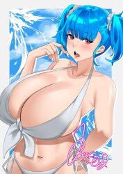 Rule 34 | 1girl, bagjaoppay, bare shoulders, bikini, blue hair, blush, borrowed character, breasts, cleavage, hair ornament, hair scrunchie, hand up, huge breasts, looking at viewer, navel, open mouth, original, red eyes, rina atherina, scrunchie, shadow, short hair, signature, solo, swimsuit, twintails, white bikini, white scrunchie