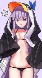 Rule 34 | 1girl, anger vein, animal hood, bare shoulders, bikini, black bikini, black jacket, blue bow, blue choker, blue eyes, blush, bow, breasts, chawan (yultutari), choker, collarbone, fate/grand order, fate (series), grey background, highres, hood, hood up, jacket, long hair, long sleeves, looking at viewer, meltryllis, meltryllis (fate), meltryllis (swimsuit lancer) (fate), meltryllis (swimsuit lancer) (first ascension) (fate), micro bikini, navel, open clothes, open jacket, open mouth, penguin hood, purple hair, revision, simple background, sleeves past fingers, sleeves past wrists, small breasts, solo, swimsuit, thighs, very long hair