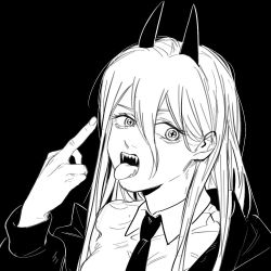 Rule 34 | 1girl, black jacket, chainsaw man, collared shirt, fang, fangs, hair between eyes, horns, jacket, long hair, long sleeves, middle finger, monochrome, mumei kairi, necktie, open mouth, power (chainsaw man), sharp teeth, shirt, sleeves past elbows, solo, teeth, tongue, tongue out, unusual pupils, white shirt