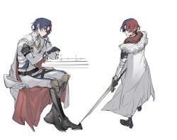 Rule 34 | 1boy, absurdres, alear (fire emblem), alear (male) (fire emblem), belt, board game, boots, cape, chess, fire emblem, fire emblem engage, full body, gloves, highres, holding, holding sword, holding weapon, long sleeves, multicolored hair, nintendo, short hair, sitting, solo, standing, sword, tlziyou, weapon, white cape