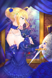 Rule 34 | absurdres, ahoge, alternate costume, armlet, artoria pendragon (all), artoria pendragon (fate), avalon (fate/stay night), bare shoulders, blonde hair, blue choker, blue dress, blue flower, blue rose, bracelet, braid, breasts, choker, cleavage, closed mouth, curtains, dagger, detached sleeves, dress, evanyi, fate/stay night, fate (series), flower, frilled dress, frills, from side, gem, green eyes, hair bun, hair flower, hair ornament, head chain, highres, jewelry, knife, long sleeves, medium breasts, necklace, painting (object), ribbon-trimmed sleeves, ribbon trim, rose, saber (fate), shield, single hair bun, sleeves past wrists, solo, strapless, strapless dress, weapon