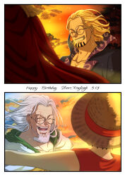 Rule 34 | age progression, beard, blonde hair, english text, facial hair, glasses, gol d. roger, hat, highres, male focus, monkey d. luffy, musasabiop, old, old man, one piece, silvers rayleigh, smile, straw hat, sunset