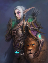 Rule 34 | 1girl, armor, arrow (projectile), chain, elf, elune (artist), face mark, gloves, highres, lion, night elf (warcraft), pointy ears, sambas, short hair, simple background, warcraft, weapon, white hair, world of warcraft