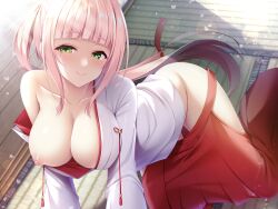 Rule 34 | 1girl, :o, all fours, blunt bangs, blush, breasts, cherry blossoms, clothes pull, collarbone, commentary request, commission, green eyes, hakama, hakama skirt, highres, japanese clothes, kimono, large breasts, lens flare, long hair, looking at viewer, miko, naoki (endofcentury102), nipples, non-web source, one breast out, open mouth, original, pink hair, red hakama, skeb commission, skirt, skirt pull, solo, sunlight, tatami, white kimono, wide sleeves