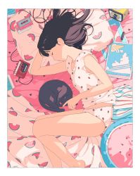 Rule 34 | 1girl, absurdres, aorkgk, artist request, black cat, black hair, camisole, cassette player, cassette tape, cat, clock, closed eyes, cosmetics, food print, headphones, highres, legs together, lipstick tube, looking to the side, lying, magazine (object), messy hair, nail polish, on bed, original, panties, pillow, print panties, sleeping, strawberry panties, strawberry print, underwear, watermelon print, white camisole, white panties