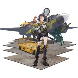 Rule 34 | 1girl, aircraft, airplane, blouse, bomber jacket, boots, breasts, brown footwear, brown hair, brown shorts, earhart (neural cloud), fingerless gloves, flower, fox, full body, game cg, girls&#039; frontline, girls&#039; frontline neural cloud, gloves, green jacket, grin, headset, unworn headwear, helmet, unworn helmet, highres, jacket, knee pads, kneehighs, ladder, looking at viewer, mouth hold, official art, one eye closed, open clothes, open cockpit, open jacket, pilot helmet, pointing, red eyes, rose, scarf, shirt, short hair, shorts, small breasts, smile, socks, solo, transparent background, white shirt, yellow scarf