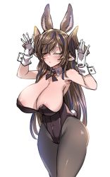 Rule 34 | 1girl, absurdres, animal ears, areola slip, ass, bare shoulders, black pantyhose, blue hair, blush, breasts, brown hair, cleavage, closed eyes, curvy, detached collar, galleon (granblue fantasy), gloves, granblue fantasy, harigane shinshi, highres, horns, large breasts, leotard, long hair, multicolored hair, pantyhose, playboy bunny, pointy ears, rabbit ears, rabbit tail, simple background, solo, tail, white background, white gloves, wide hips, wrist cuffs
