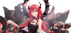 Rule 34 | 1girl, arknights, bare shoulders, belt, belt buckle, black belt, black coat, black collar, black dress, breasts, buckle, cleavage, closed mouth, coat, collar, commentary, demon girl, demon horns, diamond-shaped pupils, diamond (shape), dress, english commentary, eyelashes, hair between eyes, highres, horns, id card, iotan twi, light frown, long hair, looking at viewer, lava, monster, off shoulder, purple eyes, red hair, surtr (arknights), symbol-shaped pupils, upper body, very long hair