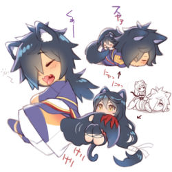 Rule 34 | :3, animal ears, arrow (symbol), black hair, cat ears, cat tail, chibi, closed eyes, couple, folks (nabokof), girl on top, hair over one eye, hugging another&#039;s tail, japanese clothes, kemonomimi mode, long hair, lying, lying on person, multiple views, on stomach, rokurou rangetsu, simple background, sleeping, tail, hugging tail, tales of (series), tales of berseria, velvet crowe, wavy mouth, yawning, yellow eyes