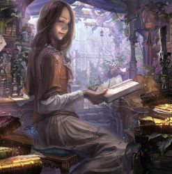 Rule 34 | 1girl, absurdres, book, brown eyes, brown hair, candle, candlestand, coin, dress, highres, hourglass, instrument, interior, leaf, lips, long hair, original, plant, reishin (tenpurasoba), silk, sitting, solo, spider web, stool