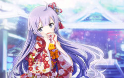 Rule 34 | 1girl, ahoge, azur lane, blurry, blurry background, blush, commentary request, covered mouth, day, depth of field, floral print, flower, grey flower, hair flower, hair ornament, hands up, highres, holding, japanese clothes, kimono, long hair, long sleeves, looking at viewer, manjuu (azur lane), obi, outdoors, print kimono, purple eyes, purple hair, sash, solo, sukireto, unicorn (azur lane), very long hair, wide sleeves