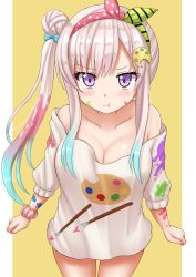 Rule 34 | 1girl, :t, airani iofifteen, airani iofifteen (1st costume), bare shoulders, blue hair, blush, breasts, brown background, cleavage, closed mouth, collarbone, commentary, gradient hair, grey hair, hair bun, hair ornament, highres, hololive, hololive indonesia, kazenokaze, long hair, long sleeves, looking at viewer, medium breasts, multicolored hair, no bra, off-shoulder shirt, off shoulder, pink hair, pink scrunchie, pout, print shirt, purple eyes, scrunchie, shirt, side bun, side ponytail, single hair bun, single side bun, solo, two-tone background, v-shaped eyebrows, very long hair, virtual youtuber, white background, white shirt, wrist scrunchie