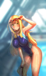 Rule 34 | 1girl, arm up, armpits, blonde hair, bow (bhp), breasts, cleavage, competition swimsuit, covered erect nipples, covered navel, female focus, goggles, goggles on head, gradient background, green eyes, highres, large breasts, long hair, looking at viewer, one-piece swimsuit, original, rei no pool, solo, swimsuit, towel, wet