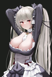 Rule 34 | 1girl, :/, absurdres, apron, arms up, azur lane, between breasts, black dress, blush, bow, breasts, choker, cleavage, commentary, dress, english commentary, formidable (azur lane), frilled apron, frilled dress, frills, gothic lolita, grey hair, highres, holding, holding own hair, large breasts, lolita fashion, long hair, long sleeves, low neckline, necktie, necktie between breasts, red eyes, sidelocks, simple background, solo, straight hair, twintails, two-tone ribbon, very long hair, waist apron, white apron, white bow, yuchae