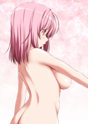Rule 34 | 1girl, ass, blush, breasts, censored nipples, commentary request, convenient arm, convenient censoring, from side, gradient background, highres, large breasts, lens flare, long hair, no headwear, nori tamago, nude, pink background, pink hair, profile, red eyes, saigyouji yuyuko, solo, standing, touhou, upper body