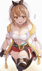 Rule 34 | 1girl, atelier (series), atelier ryza, belt, blurry, blush, boots, breasts, brown eyes, brown hair, chigusa minori, cleavage, depth of field, detached sleeves, feet out of frame, gloves, hair ornament, hairclip, hard-translated, highres, jewelry, large breasts, looking at viewer, midriff peek, navel, necklace, notice lines, open mouth, red shorts, reisalin stout, short hair, short shorts, shorts, simple background, single glove, skindentation, solo, star (symbol), teeth, thigh boots, thighhighs, thighs, third-party edit, white background, white headwear