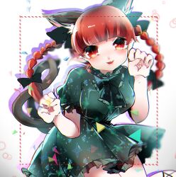 Rule 34 | 1girl, animal ear fluff, animal ears, black bow, black ribbon, blunt bangs, blush, bow, bowtie, braid, cat ears, cat tail, commentary request, dress, ear ribbon, fingernails, frilled bowtie, frilled dress, frilled sleeves, frills, green bow, green bowtie, green dress, hair bow, highres, kaenbyou rin, leaning forward, long hair, multiple tails, nekomata, one-hour drawing challenge, open mouth, paw pose, puffy short sleeves, puffy sleeves, red eyes, red hair, ribbon, sharp fingernails, short dress, short sleeves, smile, suzune hapinesu, tail, touhou, triangle, twin braids, two tails, white background