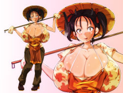Rule 34 | 1girl, apron, black hair, breasts, brown hair, cleavage, covered erect nipples, curvy, farmer, female focus, gigantic breasts, gloves, gradient background, hat, hataraki ari, hip focus, hoe, horns, impossible clothes, looking at viewer, nipples, no bra, original, pants, puffy nipples, see-through, shirt, shoes, short twintails, simple background, smile, solo, standing, sukimi, twintails, wide hips, worktool, yellow eyes