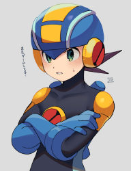 Rule 34 | 1boy, artist name, black bodysuit, blue headwear, blush, bodysuit, commentary request, covered collarbone, crossed arms, dated, green eyes, grey background, helmet, highres, looking to the side, male focus, mega man (series), mega man battle network, mega man battle network (series), megaman.exe, netnavi, short hair, simple background, solo, sweatdrop, translation request, twitter username, upper body, zero-go