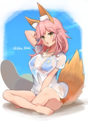 Rule 34 | 1girl, absurdres, animal ear fluff, animal ears, arm behind head, bikini, bikini under clothes, blue bikini, breasts, cleavage, collar, collarbone, commentary request, fate/grand order, fate (series), fox ears, fox girl, fox tail, highres, large breasts, looking at viewer, open mouth, pink hair, see-through, shirt, side-tie bikini bottom, sitting, solo, swimsuit, tail, tamamo (fate), tamamo no mae (fate/extra), tamamo no mae (swimsuit lancer) (fate), tamamo no mae (swimsuit lancer) (second ascension) (fate), usu (arisu), wet, wet clothes, wet shirt, yellow eyes