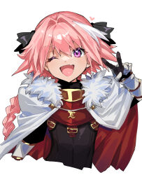 Rule 34 | 1boy, astolfo (fate), black bow, bow, braid, capelet, cropped torso, fang, fate/apocrypha, fate/grand order, fate (series), fur-trimmed capelet, fur trim, hair bow, hair ribbon, highres, long braid, long hair, looking at viewer, male focus, multicolored hair, one eye closed, open mouth, pink hair, purple eyes, ribbon, single braid, skin fang, smile, solo, streaked hair, trap, v, white hair, yadayada
