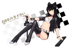 Rule 34 | 1girl, animal ears, artist logo, artist name, belt, black footwear, black hair, black jacket, black shorts, blake belladonna, boots, breasts, cat ears, commentary, cowfee, crop top, cropped jacket, crossed legs, english commentary, full body, head tilt, high heel boots, high heels, highres, jacket, long hair, medium breasts, micro shorts, midriff, navel, rwby, short shorts, shorts, simple background, sitting, smile, solo, thigh boots, thighhighs, white belt, yellow eyes, zipper footwear