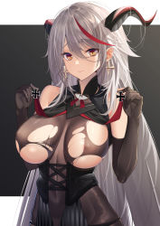 Rule 34 | 1girl, aegir (azur lane), areola slip, azur lane, bare shoulders, black gloves, blush, bodystocking, breast curtains, breasts, closed mouth, clothes lift, corset, covered erect nipples, covered navel, cowboy shot, cross, cross earrings, earrings, elbow gloves, frown, gloves, hair between eyes, highres, horns, inui kentarou, iron cross, jewelry, large breasts, lifted by self, long hair, looking at viewer, multicolored hair, red hair, silver hair, skindentation, solo, streaked hair, torn bodystocking, torn clothes, two-tone hair, very long hair, yellow eyes