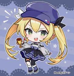 Rule 34 | 1girl, black gloves, black thighhighs, blonde hair, blue hat, blue skirt, chibi, cropped jacket, dokibird (vtuber), fingerless gloves, gloves, green eyes, hat, highres, holding, holding trophy, indie virtual youtuber, jacket, looking at viewer, open mouth, single thighhigh, skirt, smile, solo, spoonillust, teeth, thigh strap, thighhighs, trophy, twintails, upper teeth only, virtual youtuber, white jacket