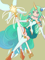 Rule 34 | 1girl, animal ears, armlet, bare shoulders, boots, choker, collarbone, detached wings, elbow gloves, eyes visible through hair, gloves, glowing, green choker, green eyes, green hair, green skirt, hair ornament, high heel boots, high heels, highres, holding, holding staff, horns, kukurixi, league of legends, long hair, simple background, single horn, skirt, solo, soraka (league of legends), staff, star (symbol), star guardian (league of legends), star guardian soraka, thigh boots, thighhighs, very long hair, white footwear, white gloves, wings
