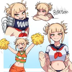 Rule 34 | 1girl, arms up, bags under eyes, black panties, blonde hair, blue background, blue sailor collar, blunt bangs, boku no hero academia, breasts, cardigan, closed mouth, collarbone, commentary, cropped shirt, cropped torso, crossed arms, dashi (dashiart), double bun, english text, fang, fang out, gradient background, groin, hair bun, highres, holding, holding pom poms, looking at viewer, looking to the side, medium breasts, messy hair, motion lines, multiple views, navel, open mouth, panties, pom pom (cheerleading), pom poms, sailor collar, shirt, sleeveless, sleeves past wrists, smile, sparkle, toga himiko, u.a. cheerleader uniform, underwear, upper body, white background, white shirt, yellow eyes