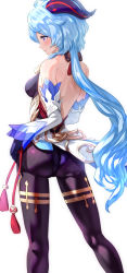 Rule 34 | 1girl, ahoge, ass, back, bare shoulders, blue hair, bodysuit, breasts, detached sleeves, facing away, from behind, ganyu (genshin impact), genshin impact, gloves, goat horns, highres, horns, long hair, looking to the side, medium breasts, pantyhose, parted lips, purple eyes, shiny clothes, shiny skin, simple background, solo, tassel, thighlet, uenoryoma, very long hair, waist cape, white background