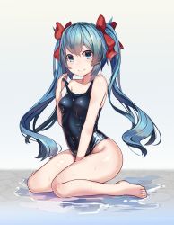 Rule 34 | 1girl, bad id, bad pixiv id, barefoot, blue eyes, blue hair, blush, breasts, covered navel, full body, hair ribbon, highres, long hair, looking at viewer, natori youkai, one-piece swimsuit, original, red ribbon, reflection, ribbon, school swimsuit, sitting, small breasts, smile, solo, strap pull, swimsuit, twintails, wariza, water, wet