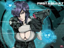 Rule 34 | absurdres, aiming, ammunition, belt, black gloves, breasts, cleavage, cyberpunk, cyborg, firing, ghost in the shell, ghost in the shell stand alone complex, gloves, gun, hair over eyes, handgun, heads-up display, highres, holding, holding gun, holding weapon, huge filesize, jacket, kusanagi motoko, large breasts, lips, one eye covered, open clothes, open jacket, open shirt, pistol, purple hair, r3dfive, science fiction, shirt, short hair, solo, unzipped, utility belt, weapon