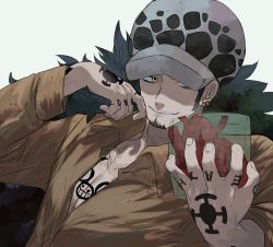 Rule 34 | 1boy, absurdres, chacoma, coat, facial hair, fur coat, fur hat, hands up, hat, heart (organ), highres, holding, male focus, one piece, sleeves rolled up, smile, solo, tattoo, trafalgar law