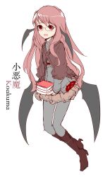 Rule 34 | 1girl, absurdres, alternate costume, bat wings, bespectacled, black wings, book, book stack, boots, brown footwear, casual, character name, contemporary, dark skin, full body, glasses, grey pantyhose, grey shirt, head wings, highres, holding, holding book, koakuma, long hair, looking at viewer, makihako bunko, open mouth, pantyhose, pink hair, red eyes, red sweater, shirt, solo, sweater, touhou, wings