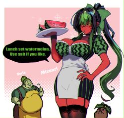 Rule 34 | 2girls, apron, black hair, black sclera, bow, breasts, cigarette, cleavage, colored sclera, colored skin, english text, fat, food, food print, freckles, fruit, green hair, hair bow, hand on own hip, highres, jewelry, large breasts, long hair, multicolored hair, multiple girls, original, ponytail, red skin, red skirt, ring, ryuu tou, skirt, slit pupils, smoking, tray, two-tone hair, waitress, watermelon, watermelon print, yellow eyes