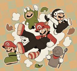 Rule 34 | 1boy, absurdres, animal costume, animal ears, black overalls, brown hair, clenched hand, eyebrows visible through hat, facial hair, frog costume, frog mario, hammer mario, hat, helmet, highres, holding, holding staff, kuribo&#039;s shoe, leaf, looking to the side, male focus, mario, mario (series), multiple views, mustache, nintendo, omura zojiki, open mouth, overalls, raccoon ears, raccoon mario, raccoon tail, red headwear, shoes, staff, statue, super leaf, super mario bros. 3, tail, tanooki mario, tanuki mario