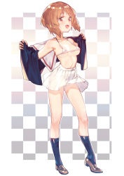 Rule 34 | 10s, 1girl, arched back, armpits, bare shoulders, bikini, bikini top only, black legwear, breasts, brown eyes, brown hair, checkered background, commentary request, contrapposto, girls und panzer, halterneck, long sleeves, micro bikini, midriff, miniskirt, navel, nishizumi miho, open mouth, pleated skirt, school uniform, serafuku, short hair, sideboob, skirt, solo, standing, stomach, subachi, swimsuit, thighs, tongue, underboob, white skirt
