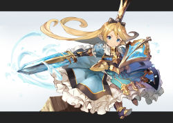 Rule 34 | 10s, 1girl, armor, armored boots, armored dress, blonde hair, blue dress, blue eyes, boots, box, charlotta (granblue fantasy), crown, curly hair, dress, dwarf, granblue fantasy, greatsword, letterboxed, long hair, looking at viewer, pointy ears, shield, shirabi, smile, solo, standing, sword, water, water drop, weapon, white background
