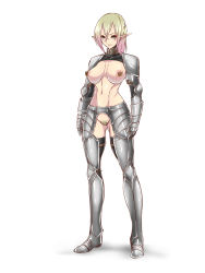 Rule 34 | 1girl, armor, blonde hair, blue eyes, breasts, collar, elf, faulds, female pubic hair, gauntlets, greaves, kendo reisha, large breasts, maron (kagamikunn), naked armor, navel, nipple piercing, nipples, original, piercing, pointy ears, pubic hair, reverse bikini armor, reverse outfit, shadow, simple background, solo, uncensored, white background