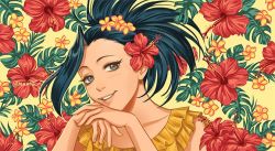 Rule 34 | 1girl, artist name, bare arms, black eyes, black hair, boku no hero academia, collarbone, dress, eyebrows, eyelashes, female focus, fingernails, flower, flower on head, high ponytail, leaf, lips, long hair, looking at viewer, munette, own hands together, pale skin, parted lips, ponytail, red flower, smile, solo, teeth, twitter username, watermark, yaoyorozu momo, yellow background, yellow dress, yellow flower