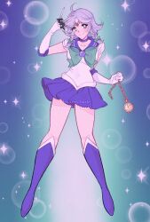 Rule 34 | 1990s (style), 1girl, ahoge, bare legs, between fingers, bishoujo senshi sailor moon, blue eyes, blue footwear, blue sailor collar, blue skirt, blush, boots, bow, bowtie, braid, breasts, circlet, collarbone, cosplay, dreamysuite, elbow gloves, full body, gloves, green bow, green bowtie, grey hair, hair bow, highres, holding, holding knife, holding pocket watch, izayoi sakuya, knee boots, knife, knives between fingers, leotard, looking at viewer, medium breasts, medium hair, miniskirt, pleated skirt, pocket watch, retro artstyle, sailor collar, sailor mercury, sailor mercury (cosplay), sailor mercury pose, sailor senshi uniform, short sleeves, skirt, solo, thighs, touhou, twin braids, watch, white gloves, white leotard