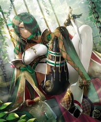 1girl apt arm_support bare_shoulders black_gloves bodysuit braid breasts chain clothing_cutout dagger detached_sleeves dual_wielding elf eyeshadow fishnets gloves green_eyes green_hair green_ribbon hair_over_one_eye hair_ribbon holding holding_dagger holding_knife holding_weapon indoors japanese_clothes knife large_breasts leaf leafshade_assassin_(shadowverse) long_hair makeup multicolored_bodysuit nature official_art parted_lips plant pointy_ears red_eyeshadow ribbon shadowverse sitting solo swept_bangs very_long_hair vines weapon weapon_in_garters wedge_heels