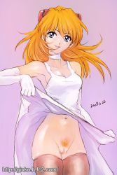 Rule 34 | 1girl, 2003, bad id, bad pixiv id, blonde hair, blue eyes, censored, choker, clothes lift, dated, dress, dress lift, elbow gloves, female pubic hair, ginko (silver fox), gloves, long hair, mosaic censoring, neon genesis evangelion, no panties, pubic hair, pussy, solo, souryuu asuka langley, thighhighs, white dress