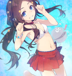 Rule 34 | 1girl, air bubble, alternate costume, bikini, blue eyes, blush, bracelet, breasts, brown hair, bubble, choker, fate/grand order, fate (series), forehead, grin, highres, jewelry, leonardo da vinci (fate), leonardo da vinci (fate/grand order), leonardo da vinci (rider) (fate), long hair, looking at viewer, navel, parted bangs, red skirt, saipaco, sidelocks, skirt, small breasts, smile, swimsuit, thighs, twintails, underwater, white bikini