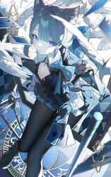 Rule 34 | 1girl, absurdres, animal ears, black dress, black footwear, black gloves, boots, bow, card, cat ears, cat girl, center opening, collar, commentary, cross-laced footwear, dress, frilled skirt, frills, genshin impact, gloves, grey hair, highres, holding, holding card, long sleeves, looking at viewer, looking up, lynette (genshin impact), pantyhose, parted lips, puffy long sleeves, puffy sleeves, purple eyes, qtian, sitting, skirt, sticker on face, two-tone gloves, white collar, white gloves