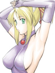 Rule 34 | 10s, 1girl, :o, animal ears, armpits, arms up, bare shoulders, blonde hair, breasts, dog days, elbow gloves, female focus, fingerless gloves, fox ears, gloves, green eyes, hair ribbon, large breasts, lips, looking at viewer, open mouth, ponytail, purple gloves, ribbon, sideboob, sidelocks, simple background, sketch, sleeveless, solo, turtleneck, ueyama michirou, uniform, upper body, white background, yukikaze panettone