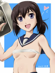 Rule 34 | 10s, 1girl, 2014, :d, abriel00, black hair, blue background, breasts, budget sarashi, dated, fubuki (kancolle), heart, kantai collection, looking at viewer, navel, open mouth, purple eyes, sailor collar, sarashi, small breasts, smile, solo, upper body, white border