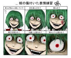 Rule 34 | 1girl, ?, blood, chama (painter), crazy, crazy smile, creepy, crying, crying with eyes open, expressions, fang, fangs, female focus, green hair, horror (theme), hurt expressions of your wife practice, kazami yuuka, multiple drawing challenge, open mouth, red eyes, short hair, smile, tears, touhou, translated, veins, yandere